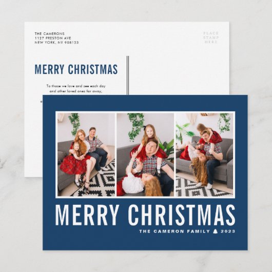 Moderne Typografie Blauwe Fotocollage Kerstmis Feestdagenkaart (Voorkant / Achterkant)