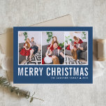 Moderne Typografie Blauwe Fotocollage Kerstmis Feestdagenkaart<br><div class="desc">vrolijk kerstfeest! Stuur uw warme wensen dit seizoen met deze aanpasbare fotocollage kerstkaart. Het heeft een eenvoudige typografie met een blauwe achtergrond. Personaliseer door uw foto's,  namen,  jaar en andere details toe te voegen. Deze moderne kerstkaart is verkrijgbaar in andere kleuren en karton.</div>