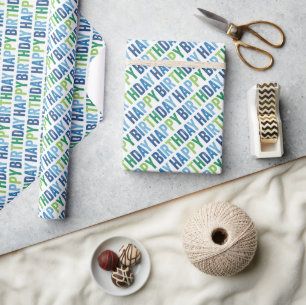 Moderne typografie blauwe jongens gelukkige verjaa cadeaupapier