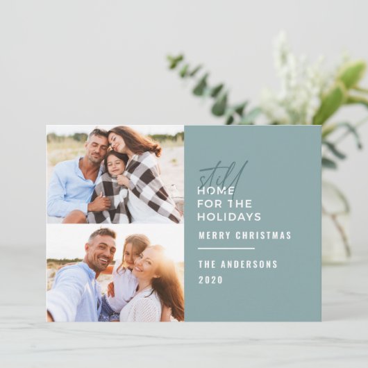 Moderne typografie blijft thuis voor de feestdagen feestdagenkaart (Staand voorkant)