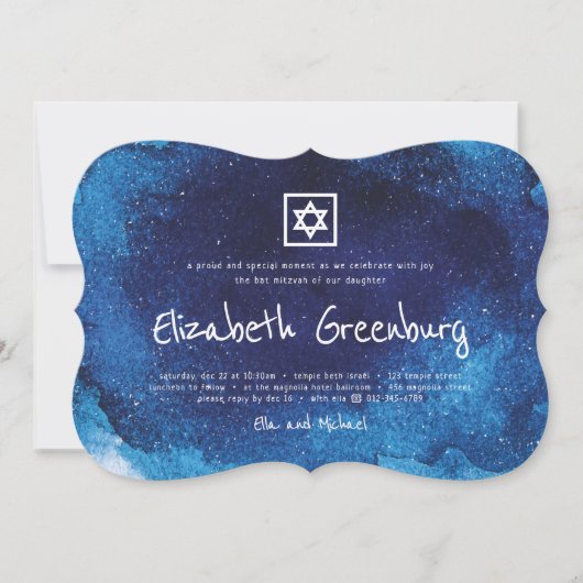Moderne Typografie Blue Waterverf Bat Mitzvah Kaart (Voorkant)