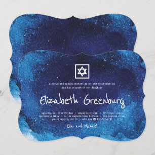 Moderne Typografie Blue Waterverf Bat Mitzvah Kaart