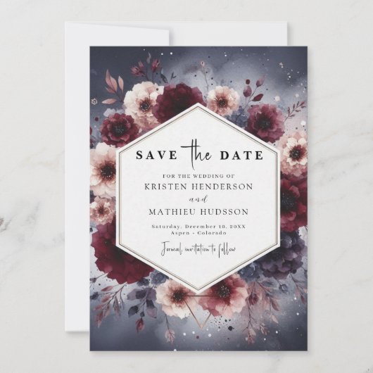 Moderne typografie Bourgondische bruiloft Save The Date (Voorkant)