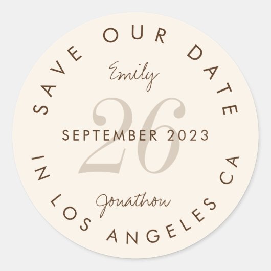 Moderne Typografie Brown Save the Date Ronde Sticker (Voorkant)