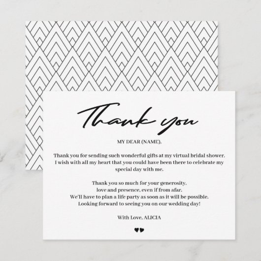 Moderne typografie bruids virtuele douche dank u bedankkaart (Voorkant / Achterkant)