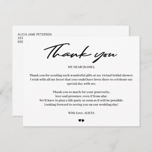 Moderne typografie bruids virtuele douche dank u bedankkaart (Voorkant / Achterkant)