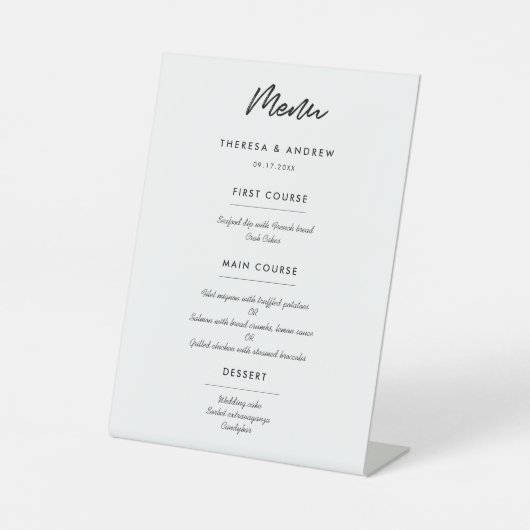 Moderne typografie bruiloft menu reclamebord met voetstuk (Voorkant)