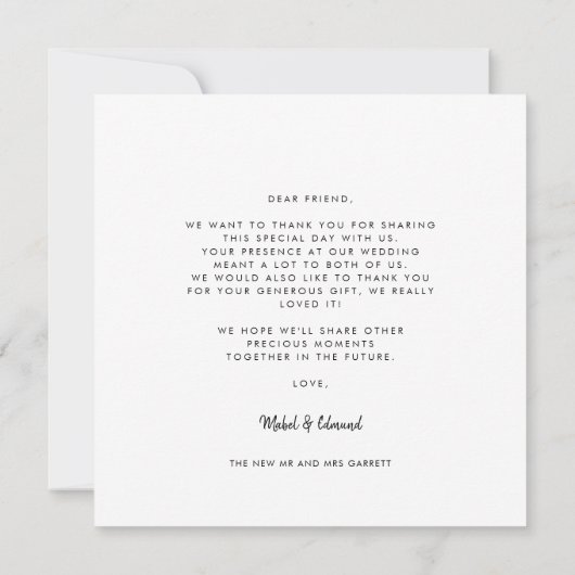 Moderne typografie bruiloft vierkant Dank u kaart (Achterkant)