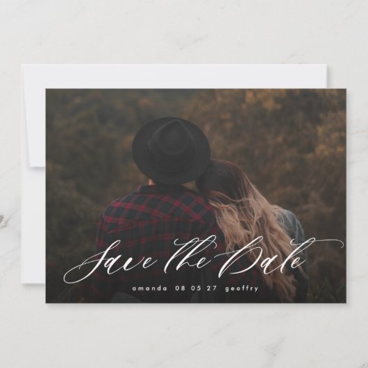 Moderne Typografie Calligrafie White Overlay Photo Save The Date (Voorkant)