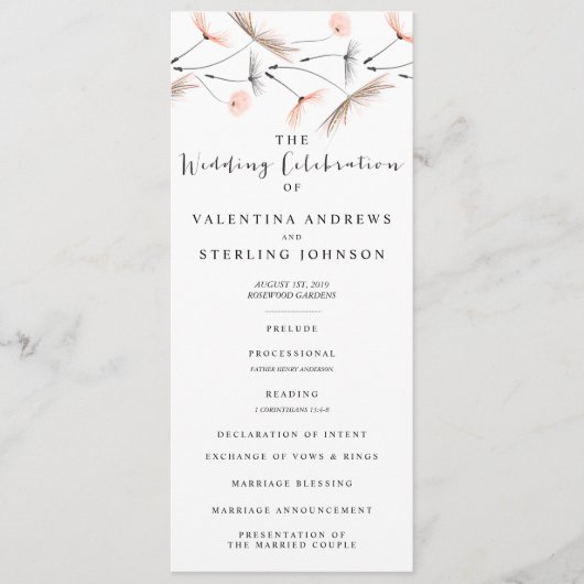 Moderne Typografie Dandelion Wedding Program Card Programmakaart (Voorkant)