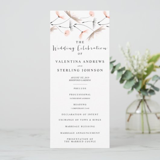Moderne Typografie Dandelion Wedding Program Card Programmakaart (Staand voorkant)