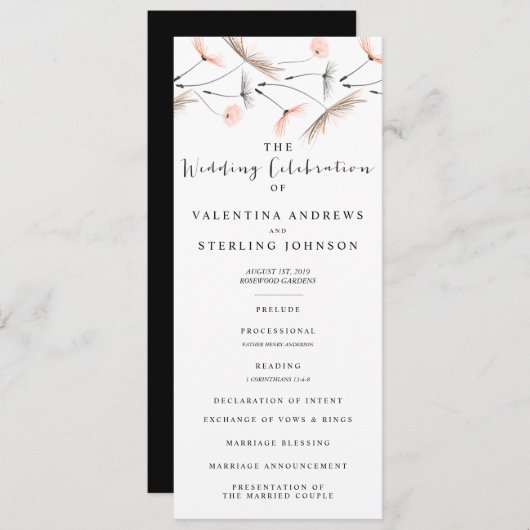 Moderne Typografie Dandelion Wedding Program Card Programmakaart (Voorkant / Achterkant)