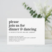 Moderne Typografie Dinner Dancing Bruiloft Recepti Informatiekaartje (Staand voorkant)