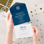 Moderne Typografie Donkerblauw Confetti Bar Mitzva All In One Uitnodiging<br><div class="desc">Een elegante donkerblauwe bar Mitzvah uitnodiging, gemakkelijk te personaliseren met uw gegevens. LET OP: Deze uitnodiging is klaar om te verzenden zonder envelop; vermeld het retouradres op de achterkant; als u van plan bent om het te verzenden met behulp van een envelop, laat dan de gegevens van het retouradres leeg...</div>