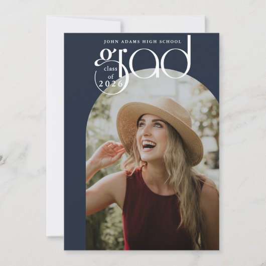 Moderne Typografie Dusty Navy 2 Foto Afstuderen Aankondiging (Voorkant)