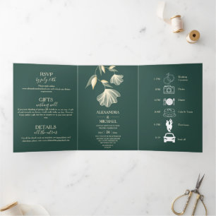 Moderne Typografie Emerald Green Botanical Wedding Drieluik Uitnodiging