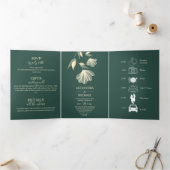Moderne Typografie Emerald Green Botanical Wedding Drieluik Uitnodiging (Binnen)
