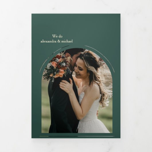 Moderne Typografie Emerald Green Botanical Wedding Drieluik Uitnodiging (Cover)