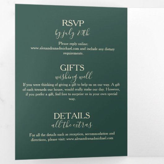 Moderne Typografie Emerald Green Botanical Wedding Drieluik Uitnodiging (Binnenzijde eerst)