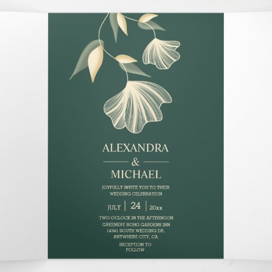 Moderne Typografie Emerald Green Botanical Wedding Drieluik Uitnodiging (Binnenkant midden)