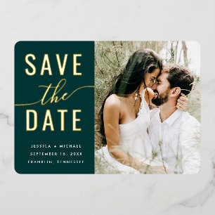 Moderne Typografie Emerald Green Foto Save Date Folie Uitnodiging