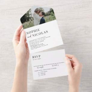 Moderne typografie en handgeschreven foto-huwelijk all in one uitnodiging