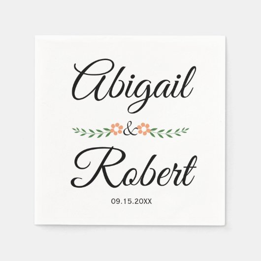 Moderne typografie en perzikbloemen bruiloft servet (Voorkant)