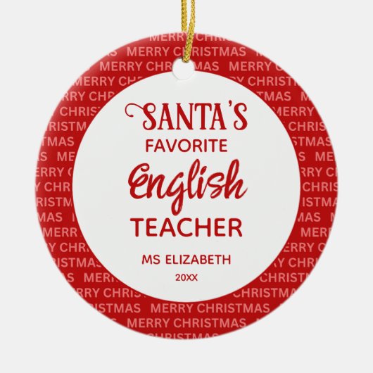 Moderne Typografie Engels Leraar Kerst Rood Keramisch Ornament (Voorkant)
