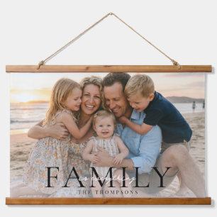 Moderne typografie familienaam aandenken foto cade hangend wandkleed