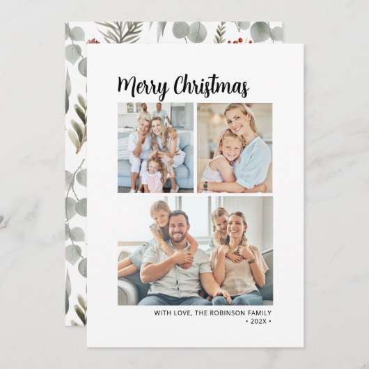 Moderne Typografie Foliage Multi Photo Christmas Feestdagenkaart (Voorkant / Achterkant)