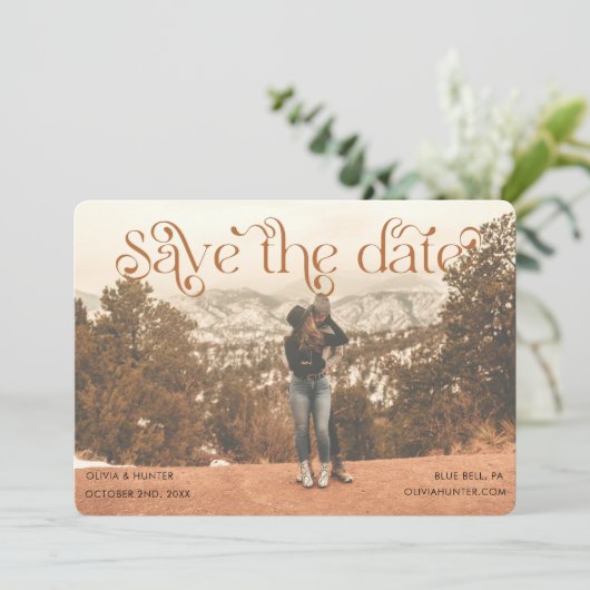Moderne typografie foto-bruiloft bespaart datum save the date (Staand voorkant)