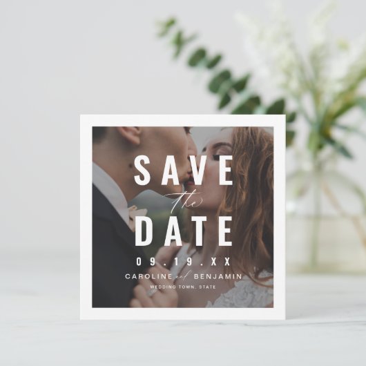 Moderne typografie foto bruiloft met de datum save the date (Staand voorkant)