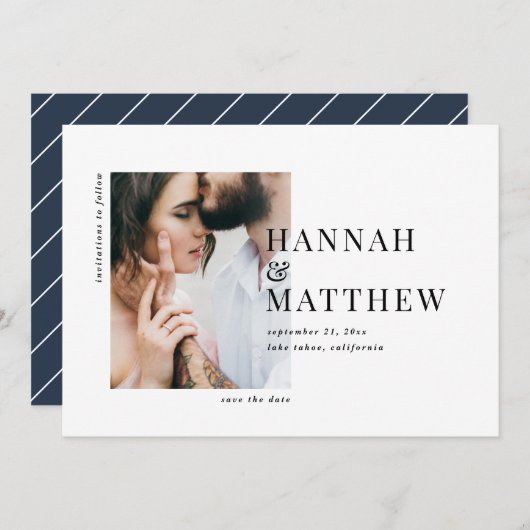 Moderne typografie foto bruiloft save the date (Voorkant / Achterkant)