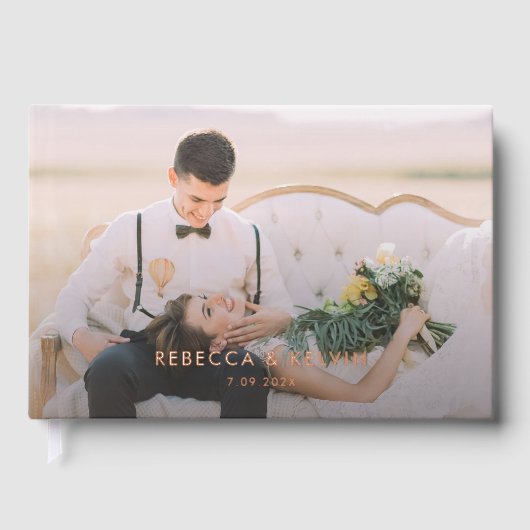Moderne Typografie Foto Roos Gold Foil Wedding Gastenboek (Voorkant)