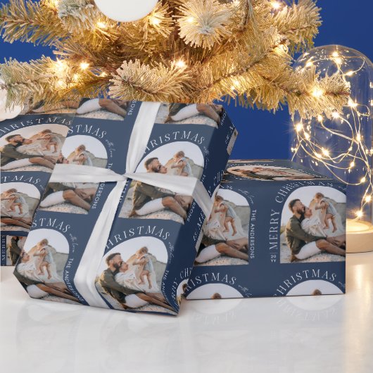 Moderne typografie fotoboog Kerstmis marine blauw Cadeaupapier (Feestdagen)