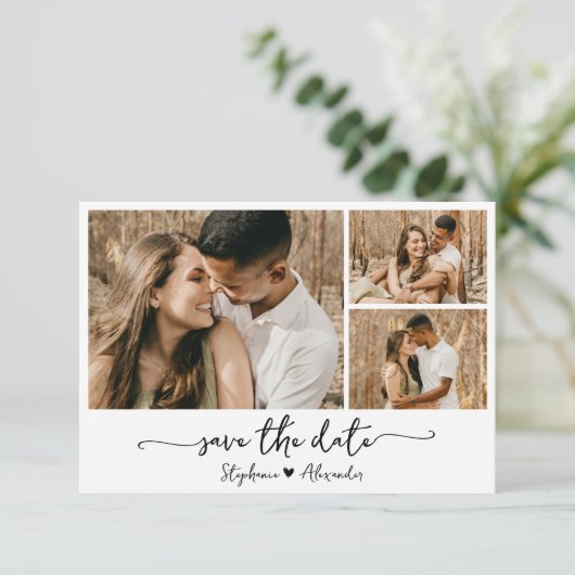 Moderne Typografie Fotocollage Bruiloft Save The Date (Staand voorkant)