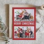 Moderne Typografie Fotocollage Rode Kerstmis Feestdagen Kaart<br><div class="desc">vrolijk kerstfeest! Stuur uw warme wensen dit seizoen met deze aanpasbare fotocollage kerstkaart. Het heeft een eenvoudige typografie met een rode achtergrond. Personaliseer door uw foto's,  namen,  jaar en andere details toe te voegen. Deze moderne kerstkaart is verkrijgbaar in andere kleuren en karton.</div>