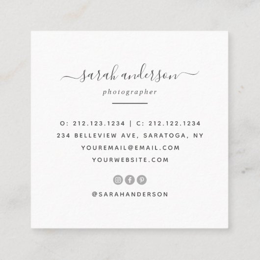 Moderne typografie fotograaf Minimale kalligrafie Vierkante Visitekaartje (Achterkant)