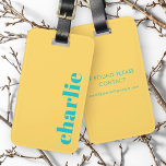 Moderne typografie geel en blauwgroen bagagelabel<br><div class="desc">Modern,  minimaal bagagelabel met uw aangepaste naam of tekst verticaal uitgelijnd naar rechts op een gele achtergrond.</div>