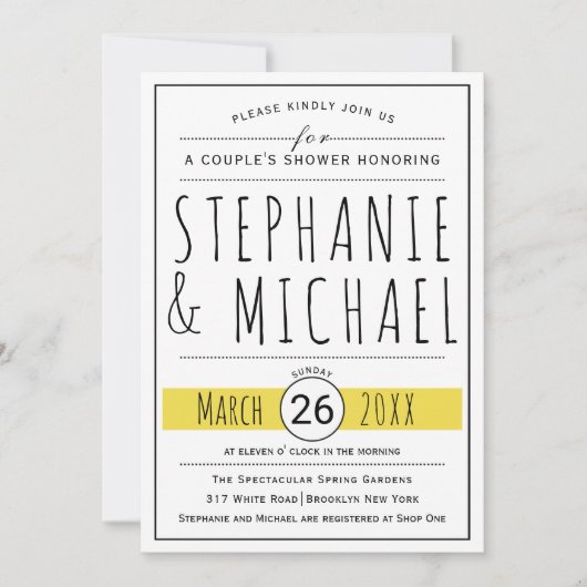 Moderne typografie gele bruiloft-douche kaart (Voorkant)