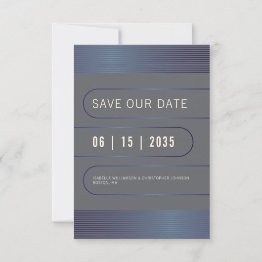 Moderne typografie geometrisch blauw metallisch save the date (Voorkant)
