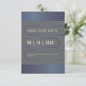 Moderne typografie geometrisch blauw metallisch save the date (Staand voorkant)