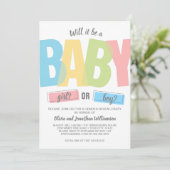 Moderne typografie Geslacht onthullen Baby shower Kaart (Staand voorkant)