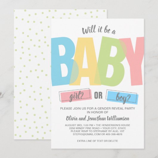Moderne typografie Geslacht onthullen Baby shower Kaart (Voorkant / Achterkant)