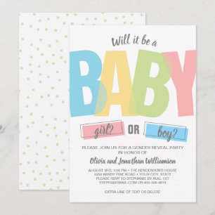 Moderne typografie Geslacht onthullen Baby shower Kaart