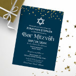 Moderne Typografie Goud Confetti Blauw Bar Mitzvah Kaart<br><div class="desc">Moderne witte typografie op blauwe bar mitswa uitnodiging</div>