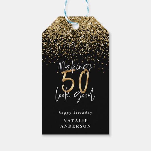 Moderne typografie goud glitter chic 50ste verjaar cadeaulabel (Voorkant)