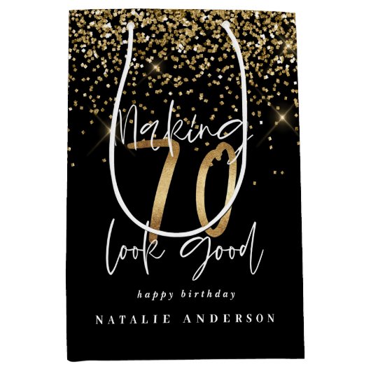 Moderne typografie goud glitter chic 70ste verjaar medium cadeauzakje (Voorkant)