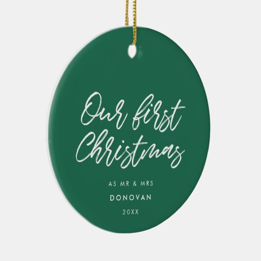 Moderne Typografie Groen Onze Eerste Kerstdag Keramisch Ornament (Rechts)