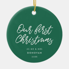 Moderne Typografie Groen Onze Eerste Kerstdag Keramisch Ornament